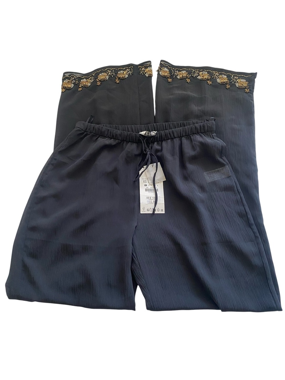 Zara Black Wide-Leg Pants with Gold Beaded Hem